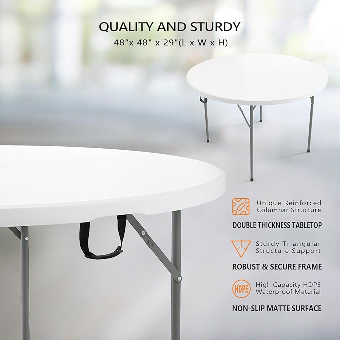 VINGLI White 48" Round Bi-Folding Commercial Table, 4 Feet Portable Plastic Dining Card Table for Kitchen or Outdoor Party Wedding Event, 5-Pack