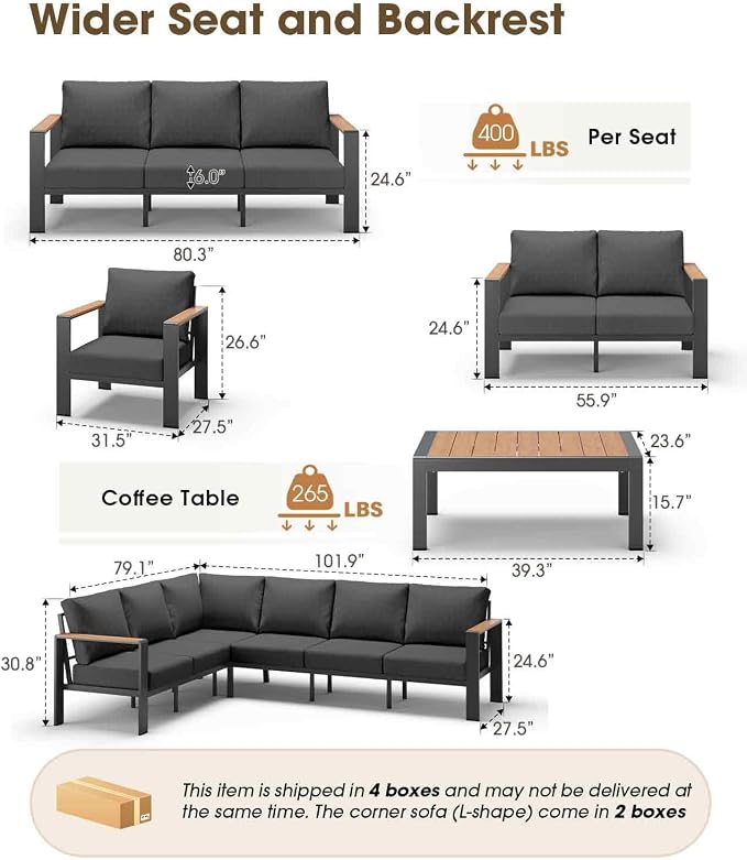 Aluminum Outdoor Patio Furniture Set, 8 Seats Patio Conversation Sets, Oversized Outdoor Sectional with Washable Thick Cushions & Coffee Table for Backyard, Garden and Poolside, Graphite