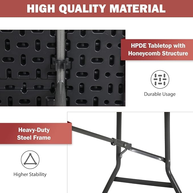 8FT Folding Table, Heavy Duty Foldable Dining Table, Portable Plastic Picnic Table with Handle, Indoor Outdoor Camping Table, Fold-in-Half Rectangular Banquet Party Table – Black
