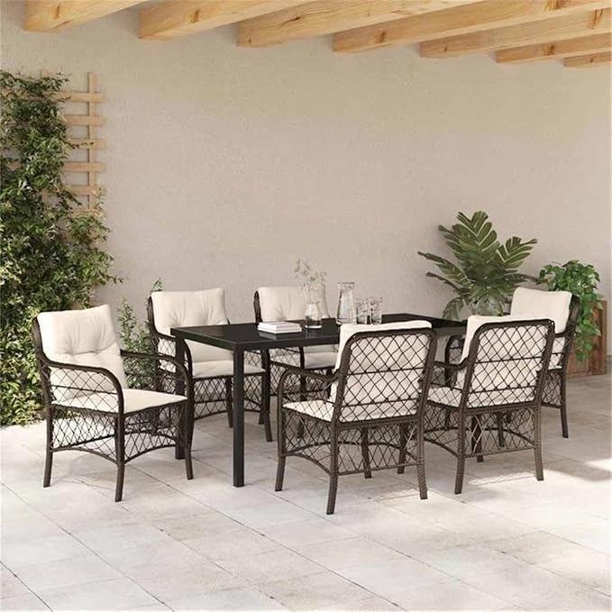 Afuera Living 7-Piece Poly Rattan Patio Dining Set, Black Finish with Cushions, Powder-Coated Steel Frame, Tempered Glass Tabletop, Weather-Resistant Outdoor Fabric, Seating for 6, Ideal for Garden