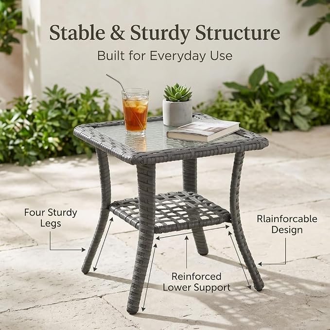 Patio Wicker Side Table - Rattan End Table with Glass Top for Outdoor Patio, Porch, Deck, Square ，Grey Wicker