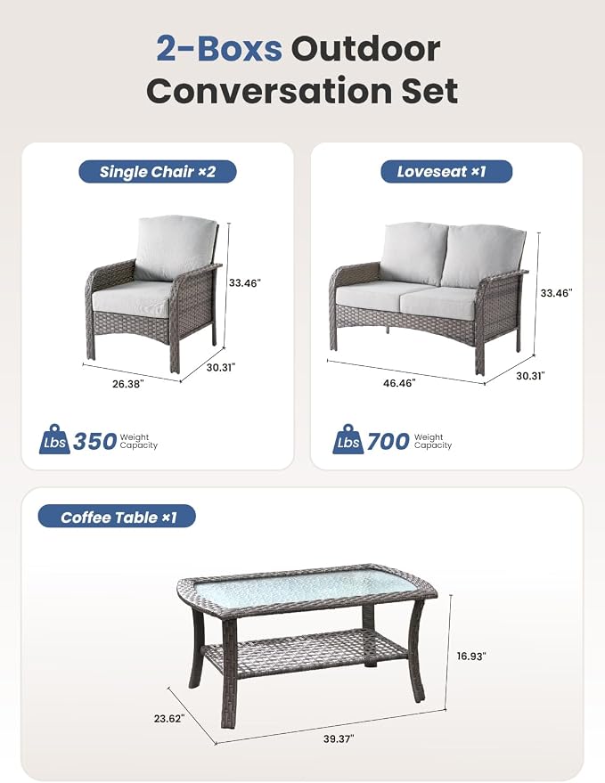 4-Piece Outdoor Patio Furniture Set with Coffee Table, Outdoor Conversation Wicker Sofa with Thickened Cushions, Rattan Couch for Deck Yard Poolside, Grey