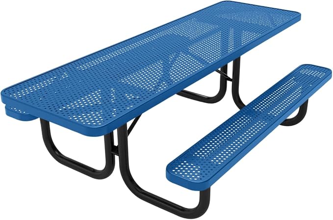 COATEDOUTDOORFURNITURE Heavy-Duty Portable ADA-Compliant Outdoor Picnic Table, Punched Steel Patio Dining Furniture Made in America (8ft Rectangular, Both-Side Handicap, Textured Light Blue)