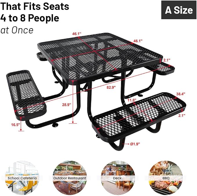 46" Thermoplastic Picnic Table with Umbrella Hole up to 1.5", Heavy Duty Commercial Picnic Table for Outdoor, Family & Party Ready for School Camping, Square, Black