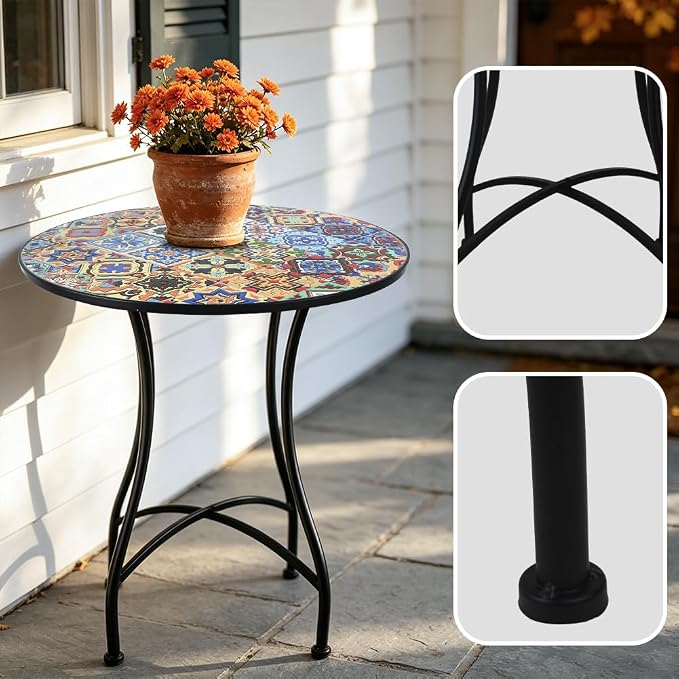 3 Piece Bistro Sets Mosaic Tile Round Table Folding Chairs Garden | Set of 3 Patio Furniture 23.6" Table and 2 Chairs Outdoor Bistro Chairs Artistic Table for Balcony Porch Apartment Backyard