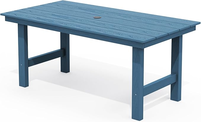 SERWALL 67" Rectangle Outdoor Dining Table for 6, Blue | Patio Dining Table with an umbrella hole, HDPE Outdoor Dining Table which can holds up to 220LBS