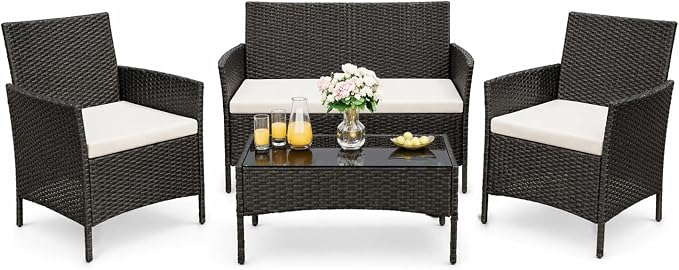 4-Piece Outdoor Patio Furniture Set, Wicker Furniture with Coffee Table, Modern Porch Chairs Conversation Set, Weather-Resistant, Outdoor Indoor Use Backyard Porch Garden Poolside Balcony, Black&Beige