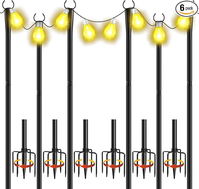 6 Pack 10Ft String Light Poles, Metal Poles with Fork for Outside Lights,Outdoor Metal Light Stand with Fence Brackets Hanging Lights for Garden Patio Wedding Backyard Deck Party