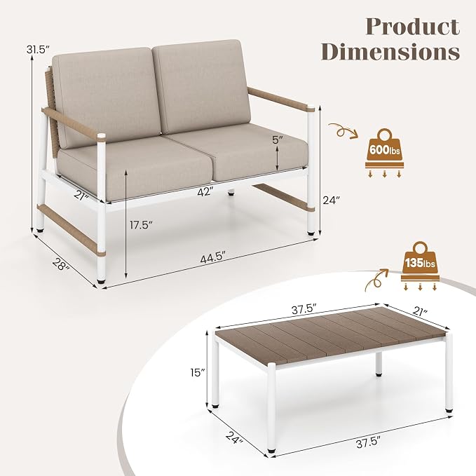 Tangkula 2 Pieces Patio Furniture Set, Outdoor Aluminum Conversation Set with Thick Cushions, Patio Loveseat Sofa with Coffee Table, Modern Bistro Set for Poolside, Deck, Yard