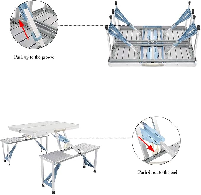 4FT Portable Folding Camping Picnic Table with Seats Chairs and Umbrella Hole, Lightweight Compact Aluminum Outdoor Camping Patio Fold Up Card Suitcase Table with Carry Handle