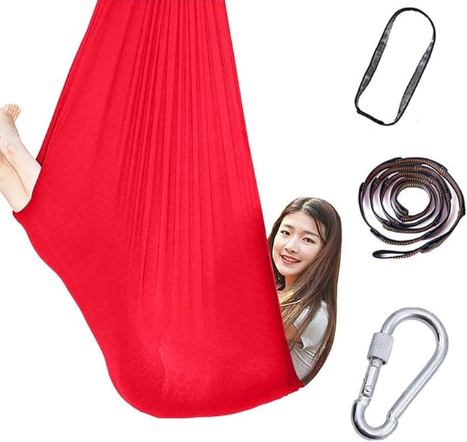 360° Rotating Elastic Aerial Yoga Hammock Outdoor Indoor Swings Aerial Yoga Sensory Therapy Cuddle Swing Soft Elastic Parcel Steady Seat Swing (Color : Red, Size : 100x280cm)