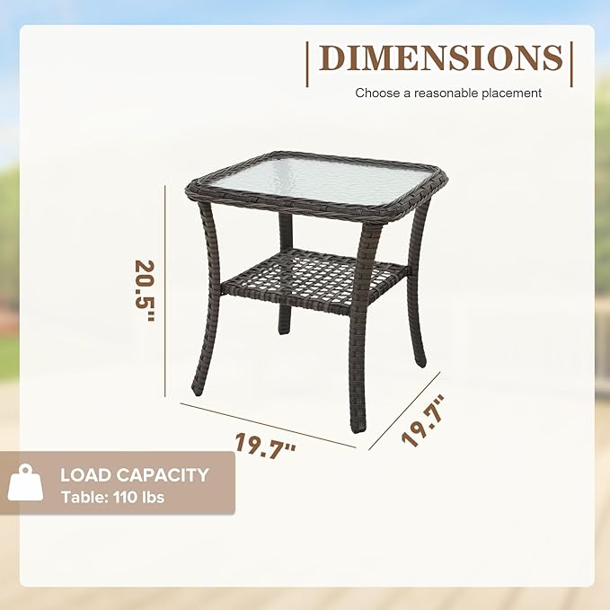 Outdoor Woven Rattan Coffee Table with Tempered Glass, Wicker Side Table for Outside Patio Porch, Stonewash Gray