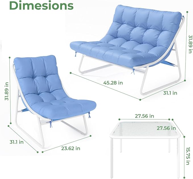 Jocoevol Patio Furniture Set, 4-Piece Outdoor Patio Conversation Set, 2-in-1 Metal Patio Sofa Sets with Cushions & Glass Coffee Tablefor Backyard, Garden, Porch, Poolside, White & Blue