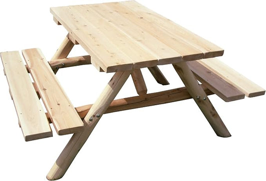 Furniture Barn USA White Cedar Log 4' Picnic Table with Attached Benches