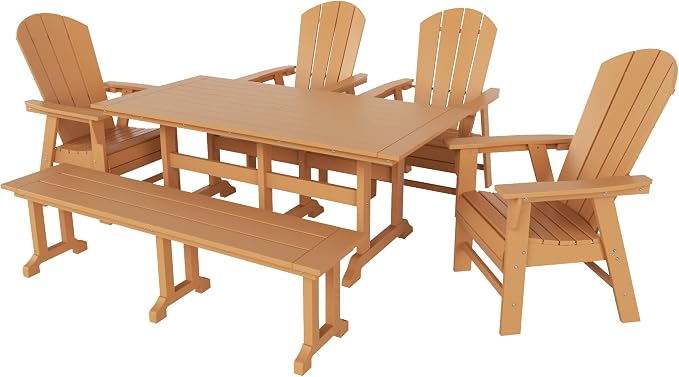 WestinTrends Malibu 6 Piece Adirondack Patio Dining Set with Bench, All Weather Poly Lumber Outdoor Table and Chairs, 71" Trestle Dining Table, 4 Adirondack Chair with Dining Bench, Teak