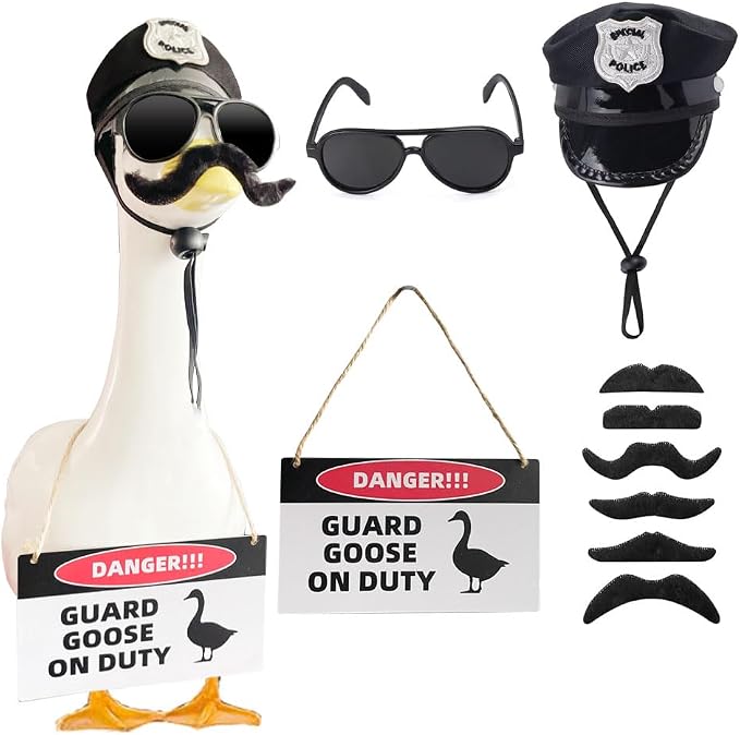 9pcs Goose Outfit,Porch Goose Outfits,Lawn Goose Statue Costume for 17"/23" Cement Patio Garden Outdoor Statue Decor,Police Hat Eyeglasses PVC Sign Danger Guard Goose on Duty (Police)