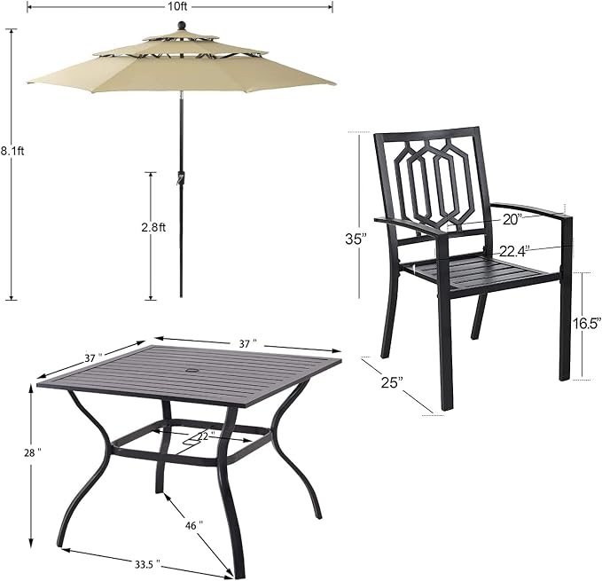 PHI VILLA 5 PCS Patio Dining Set w/ 10ft Umbrella | 1 Square Metal Table& 4 Metal Outdoor Stackable Chairs&1 10ft 3 Tier Auto-tilt Umbrella