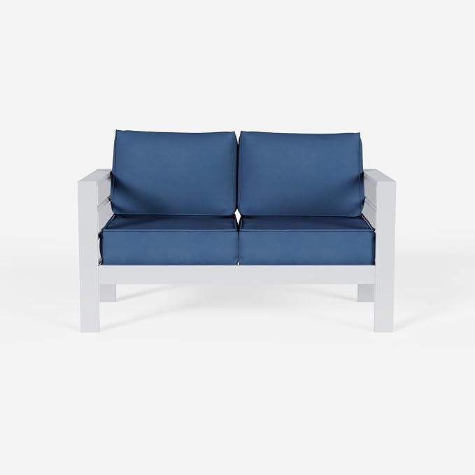 Aluminum Patio Furniture Set, Loveseat Outdoor Set with 5 Inch Cushions, Patio Loveseat Sets with Waterproof Covers for Backyard Garden(White&Blue)