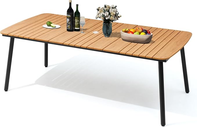 82" Outdoor Dining Table for 8, Brown Patio Table with Umbrella Hole Rectangle Dining Table with Aluminum Frame and Waterproof Wood Grain Tabletop for Lawn Backyard Garden Poolside