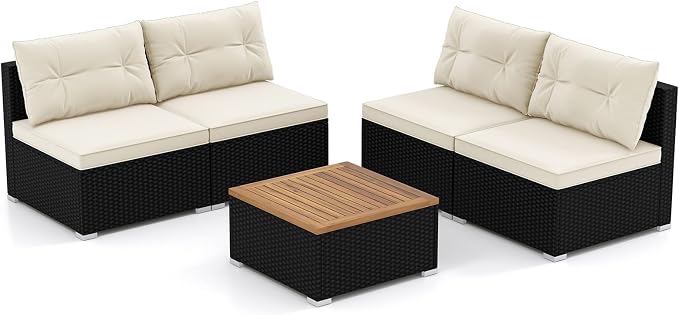 DORTALA 5 Piece Wicker Patio Furniture Set, PE Rattan Outdoor Sectional Conversation Set with Acacia Wood Coffee Table, 4 Chairs for Deck, Backyard, Poolside, Off White