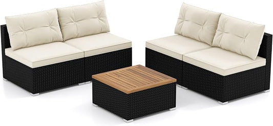 DORTALA 5 Piece Wicker Patio Furniture Set, PE Rattan Outdoor Sectional Conversation Set with Acacia Wood Coffee Table, 4 Chairs for Deck, Backyard, Poolside, Off White