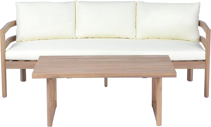 Christopher Knight Home Silas Acacia Wood Patio Furniture Set and Slatted Coffee Table, 2 Piece Outdoor Acacia Wood Conversation Set, Modern 3-Seater Sofa Set with Removable Cushion, Light Teak+Beige