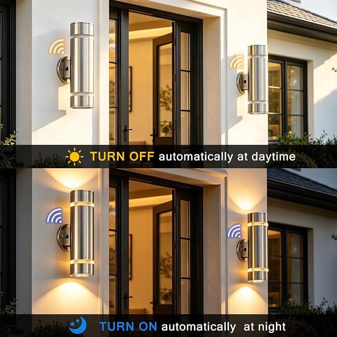 13" Stainless Steel Cylinder Dusk to Dawn Outdoor Wall Sconce | E26 Base,UL listed,Brushed Nickel Up and Down Lights Outdoor Exterior Lighting Fixture for House Garage Patio Porch Garden