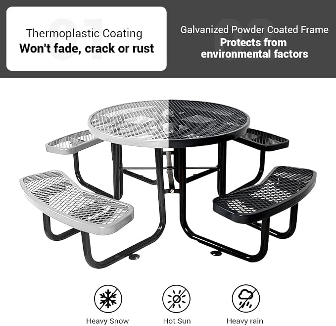 46" Thermoplastic Picnic Table with Umbrella Hole up to 1.5", Heavy Duty Commercial Picnic Table for Outdoor, Family & Party Ready for School Camping, Round, Black