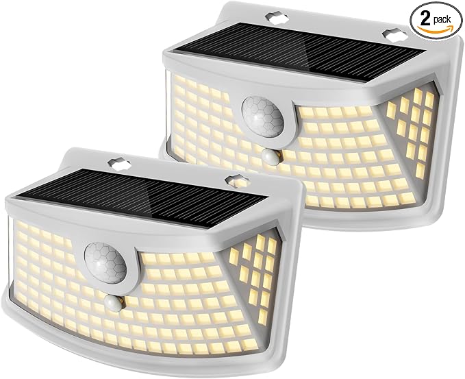 Aootek Solar Motion Sensor Lights Outdoor 120 LEDs, White, 2 Pack | Lights Reflector, 270° Wide Angle, IP65 Waterproof, Step Lights For Front Door, Yard, Garage, Deck