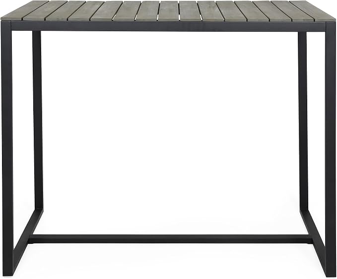 Industrial Acacia Wood Outdoor Bar Table with Metal Frame & Slat Design - Weather-Resistant Patio Furniture for Entertaining (51.25" W x 27.50" D x 40.25" H)