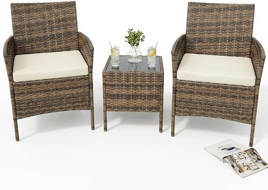 3 Piece Outdoor Patio Furniture Set, All-Weather Brown Wicker Rattan Conversation Set with Cushions, Chairs & Coffee Table for Porch, Backyard & Balcony