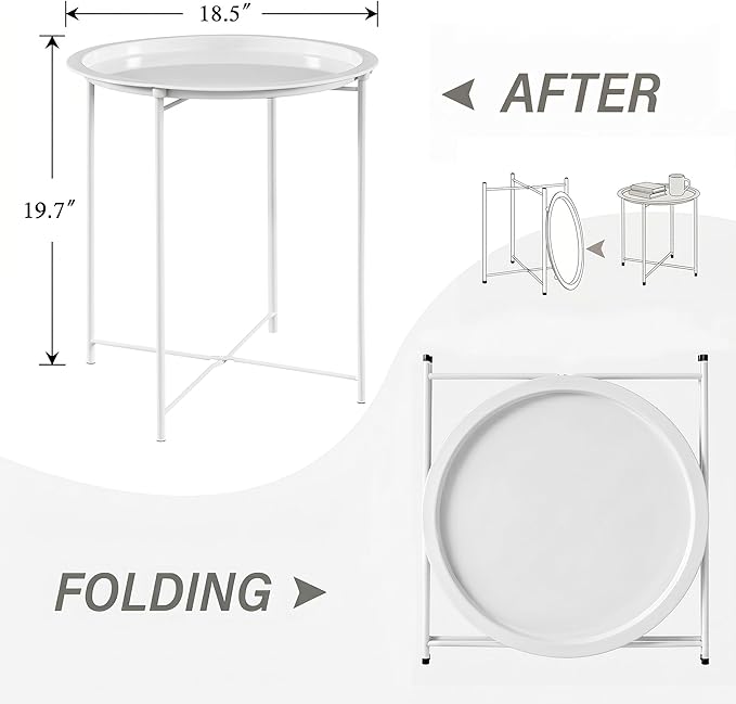 VECELO Side/End Table, Folding Round Metal Anti-Rust and Waterproof Outdoor or Indoor Tray for Living Room Bedroom Balcony and Office, 2 PCS, Beige