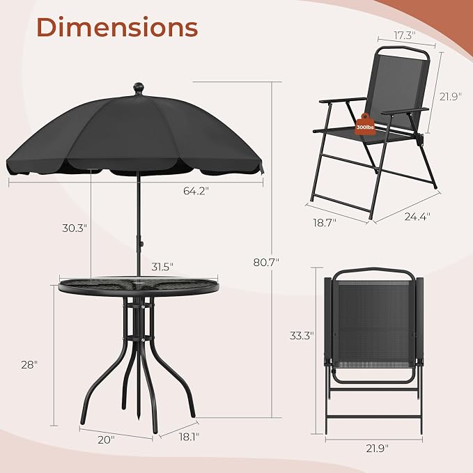 TLSUNNY 6 Pieces Patio Dining Set with 65″ Umbrella, Outdoor Table and Chairs with 31.5″ Round Glass Table, 4 Folding Textilene Chairs, Patio Dining Set W/Steel Frame, for Poolside, Backyard (Black)
