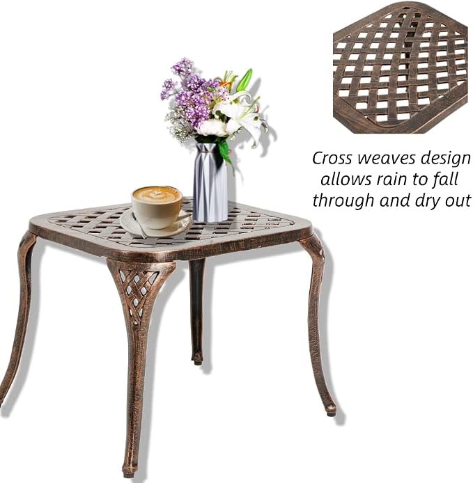 Patio End Metal Table, Outdoor Side Table Cast Aluminum Furniture for Garden, Poolside, Antique Bronze