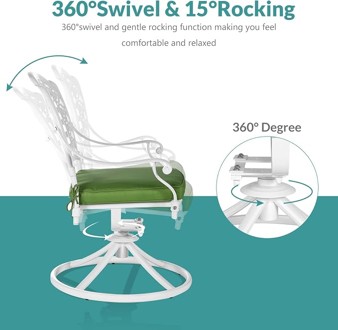 MEETWARM 3-Piece Outdoor Patio Dining Set, All-Weather Cast Aluminum Patio Conversation Set with 2 Cushions Swivel Rocker Chairs and 31" Round Table for Backyard Garden Deck, Umbrella Hole, White