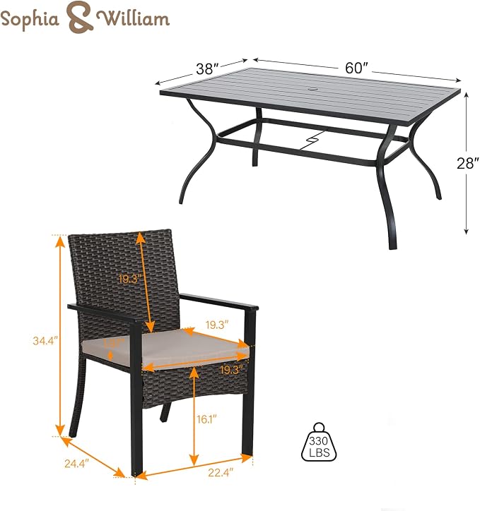 Sophia & William 7-Piece Patio Dining Set, Metal Table, PE Wicker Chairs | All Weather Patio Table and Chairs Set for 6, Perfect for backyard, deck, porch
