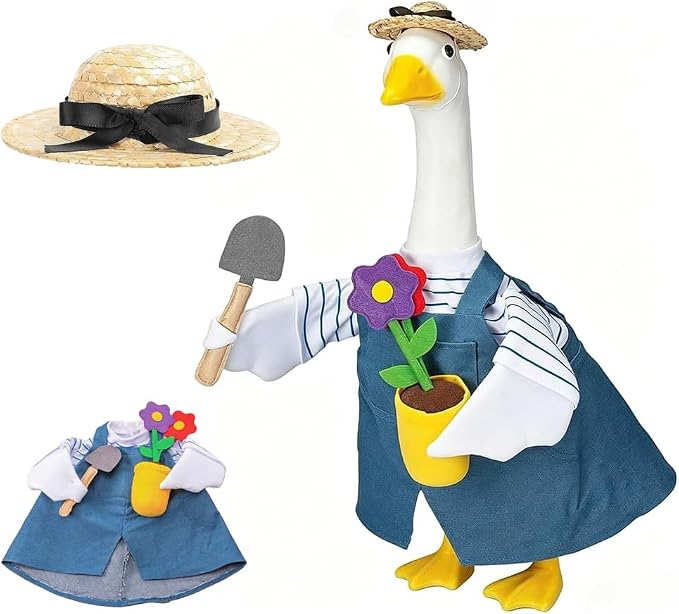Gardener Goose Outfit, Fits Large 23" Goose Statue,Porch Goose Clothes with Hat, Flower Pot and Tiny Shovel Design, for Spring Summer Outdoor Garden Decor