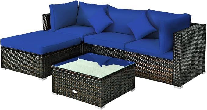 RELAX4LIFE 5-Piece Rattan Sofa Set - Wicker Conversation Set w/Armless Sofa, 2 Corner Sofas, Ottoman, Tempered Coffee Table, All Weather Outdoor Furniture Set for Patio, Poolside, Yard (Navy Blue)
