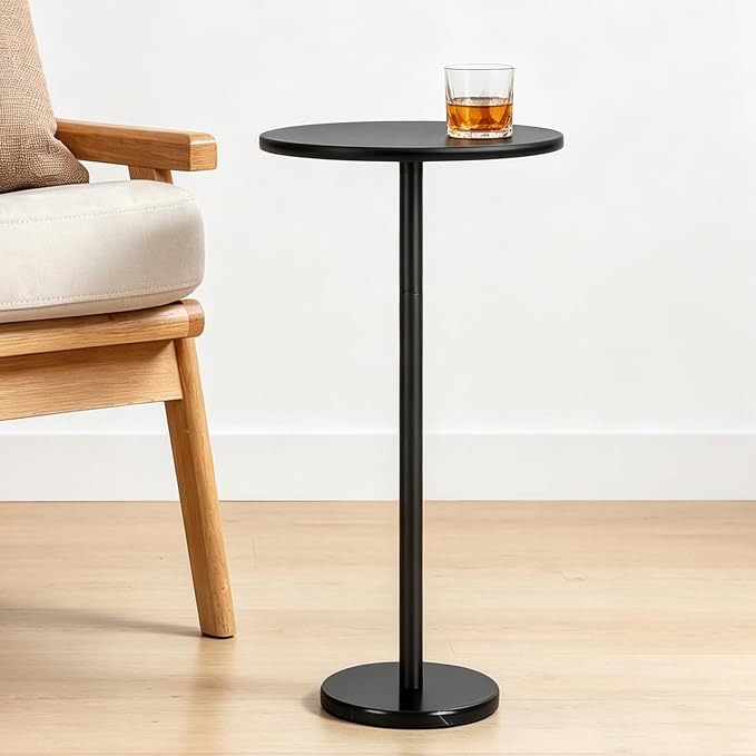 Small Round Side Table Black Drink Table with Marble Base, Modern Weighted Martini Pedestal Table for Small Spaces, Living Room, Bedroom, Sofa Couch, Office