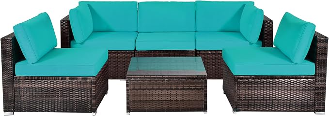 DORTALA 6 Pieces Patio Furniture Set, Outdoor Wicker Conversation Set with Glass Coffee Table, Wicker Sofa Set with Back & Seat Cushions, Rattan Sectional Conversation Couch Set, Turquoise