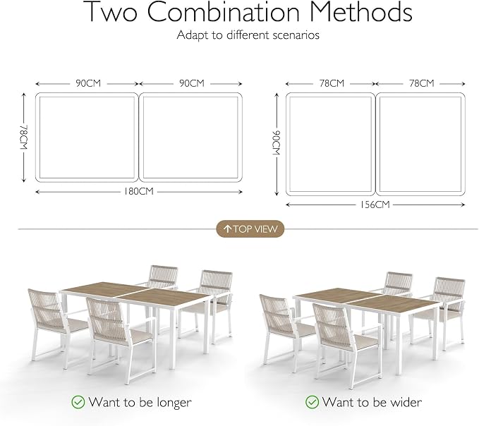 Aluminum Outdoor Anti-Corrosion Wood-Plastic Dining Table -All-Weather Exposed Square Table Waterproof and Rust-Proof Courtyard-Style Coffee Table Garden/Balcony/Poolside, White 1 Pcs