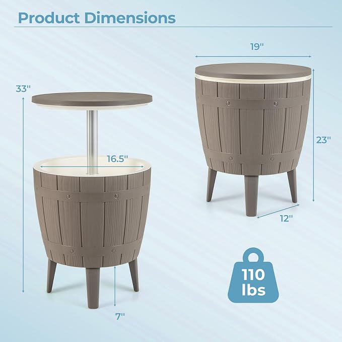 COSTWAY Outdoor Cooler Bar Table, 10 Gallon Cooler with Height Adjustable Tabletop, 3-in-1 Ice Bucket for Beer & Wine, All-Weather Cocktail Table for Backyard, Party, Poolside (Coffee)