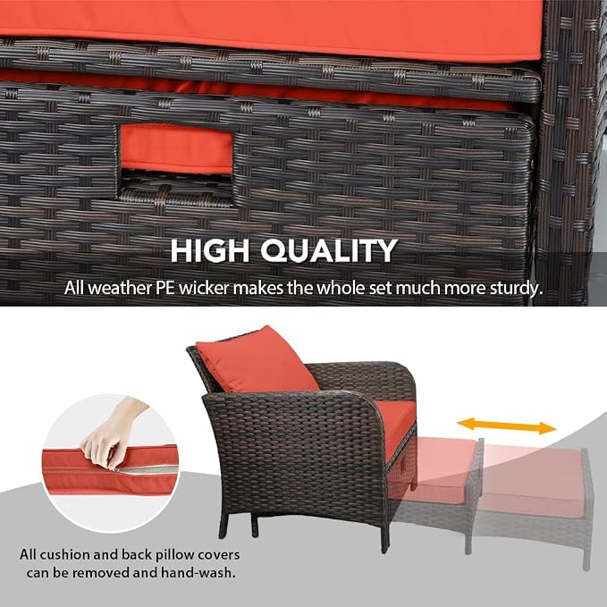 LEVELEVE Balcony Furniture 5 Piece Patio Conversation Set, PE Wicker Rattan Outdoor Lounge Chairs with Soft Cushions 2 Ottoman&Glass Table for Porch, Lawn-Brown Wicker