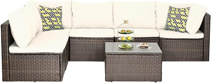PayLessHere Patio Furniture Set 7 Pieces Outdoor Furniture Wicker Conversation Set Sectional Sofa and Coffee Table Wicker Patio Conversation Sets for Backyard Porch Balcony Poolside,Khaki Cushion
