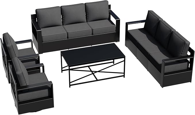 Outdoor Aluminum Furniture Set, 4-Piece Patio Conversation Set, 2 Swivel Chairs, 2 Sofa and 1 Table, All-Weather Metal Frame, 6" Thick Removable Cushions, Deep Setting for Garden, Porch
