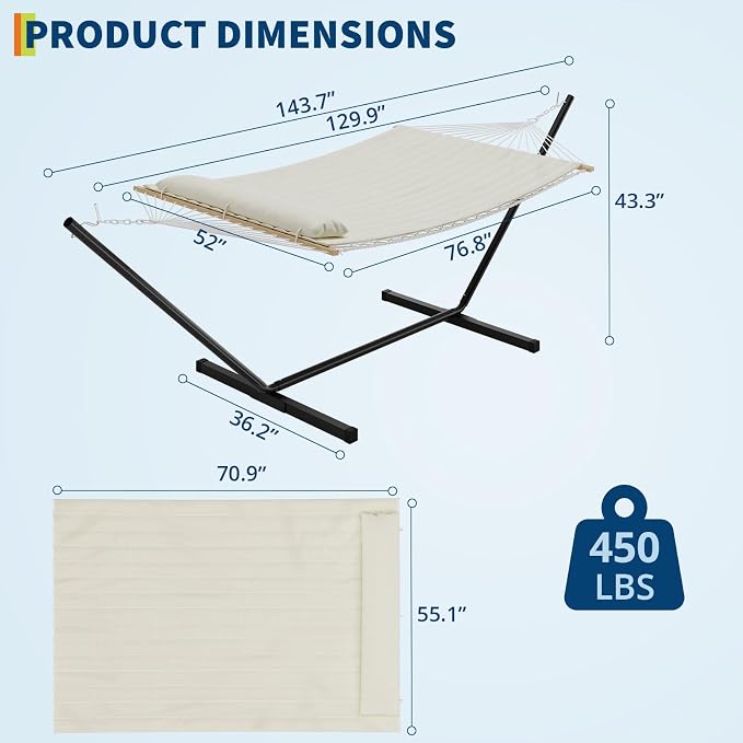 Portable Double Hammock with Stand, 2 Person Quilted Padded Hammock with Pillow, Adjustable Heavy-Duty Steel Hammock Stand, Foldable Outdoor Hammock for Patio Garden Backyard Beach Camping, White