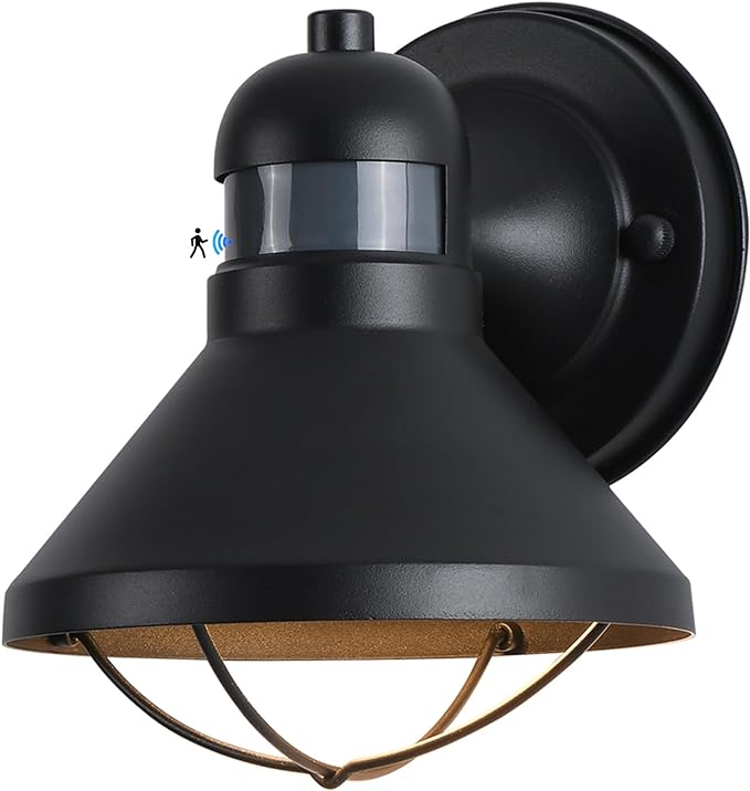 Dusk to Dawn Motion Sensor Outdoor LED Porch Wall Light Fixture | Exterior Barn Lantern Black Farmhouse Sconce Lighting Rustic Wall Mount Lamp for Garage Patio Balcony Entryway Doorway