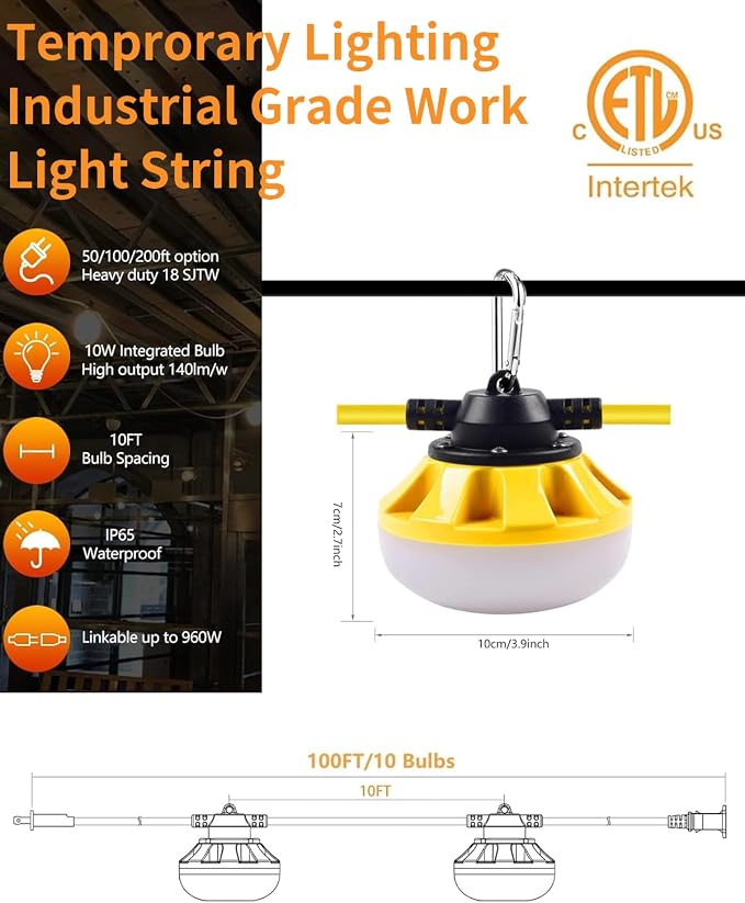 100FT LED Construction String Lights, with 10 Bulbs Industrial Grade 100W | 10000LM Temporary Work Lights,Linkable 5000K Super Bright Weatherproof Lighting for Construction Site, Job Site,&Outdoor Use