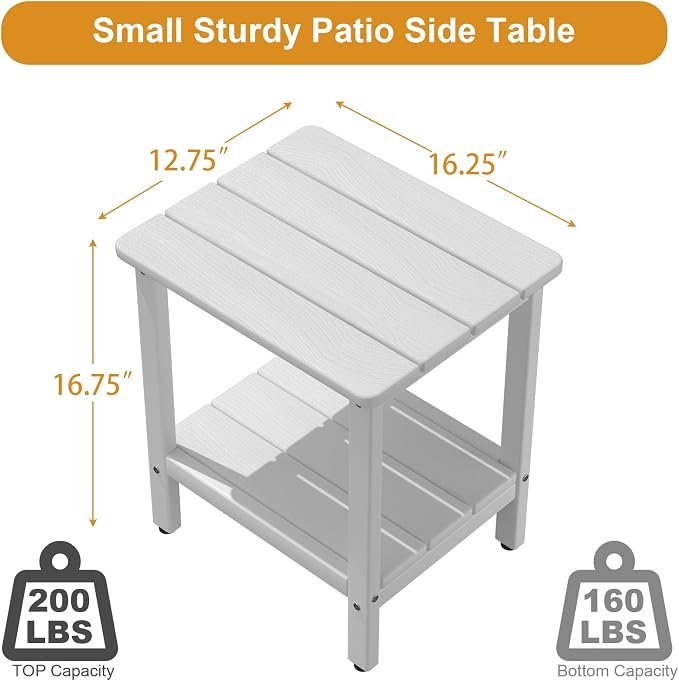 Outdoor Side Table, Small Square Patio Side Table with Adjustable Feet, All-Weather HDPE Adirondack End Tables for Porch Deck Balcony Pool, 2-Tier Storage, Easy Maintenance, White
