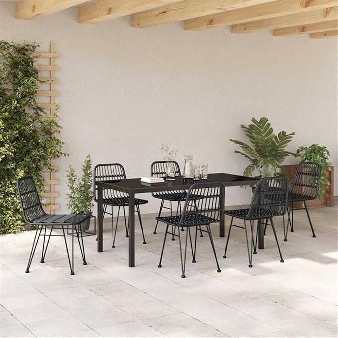 Afuera Living 7 Piece Poly Rattan Garden Dining Set, Black Finish, Rectangular UV-Resistant Design, Powder-Coated Steel Frame, Seats 6, Weather-Resistant Outdoor Patio or Garden Furniture for Dining